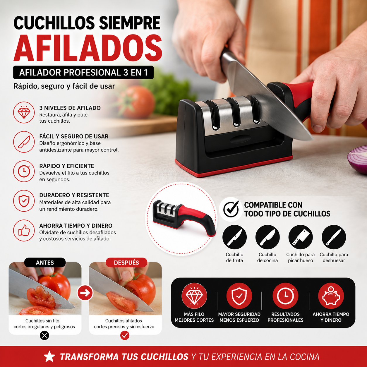 🔪 Afilador Profesional 3 en 1